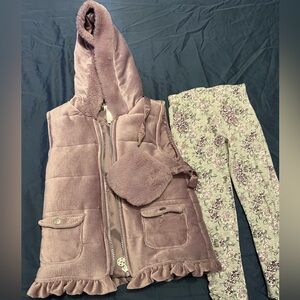 Nicole Miller Mauve Hooded Corduroy Puffer Vest with Removable Faux Fur Pouch